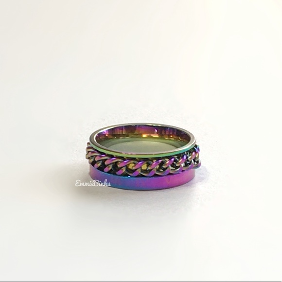 NEW SIZES 8mm Oil Slick Chain Spinner Ring Unisex Stainless Steel Roman Numerals - Picture 5 of 16